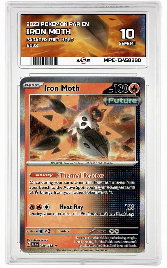2023 POKEMON PAR EN PARADOX RIFT-HOLO #028 Iron Moth MPE 10 GEM/MT — graded card auctioned from the MPE vault