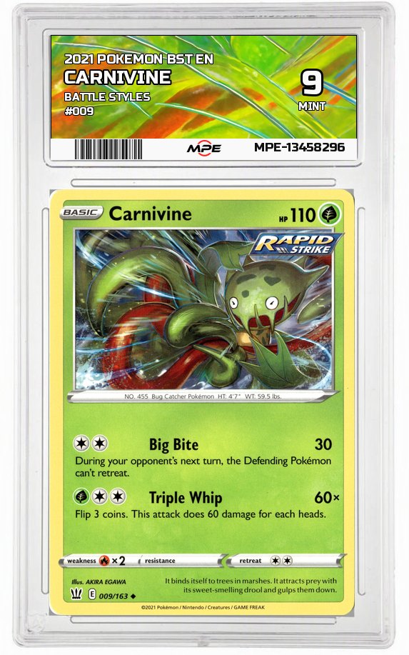 2021 POKEMON BST EN BATTLE STYLES #009 Carnivine MPE 9 MINT — graded card auctioned from the MPE vault
