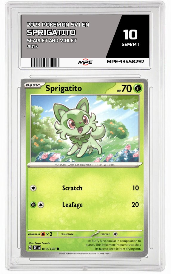 2023 POKEMON SV1 EN SCARLET AND VIOLET #013 Sprigatito MPE 10 GEM/MT — graded card auctioned from the MPE vault