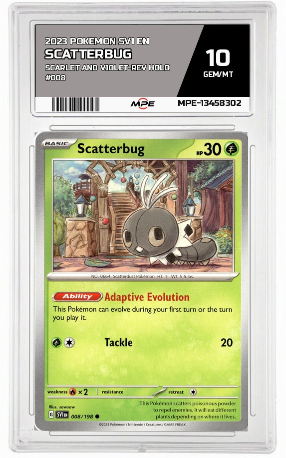 2023 POKEMON SV1 EN SCARLET AND VIOLET-REV HOLO #008 Scatterbug MPE 10 GEM/MT — graded card auctioned from the MPE vault