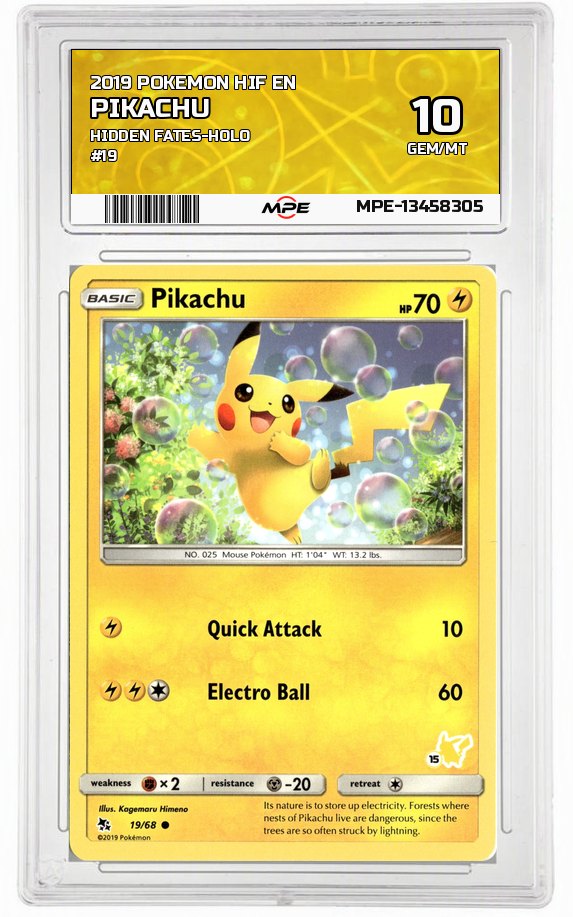 2019 POKEMON HIF EN HIDDEN FATES-HOLO #19 Pikachu MPE 10 GEM/MT — graded card auctioned from the MPE vault