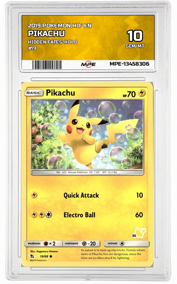 2019 POKEMON HIF EN HIDDEN FATES-HOLO #19 Pikachu MPE 10 GEM/MT — graded card auctioned from the MPE vault