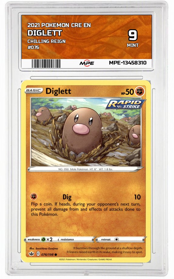 2021 POKEMON CRE EN CHILLING REIGN #076 Diglett MPE 9 MINT — graded card auctioned from the MPE vault