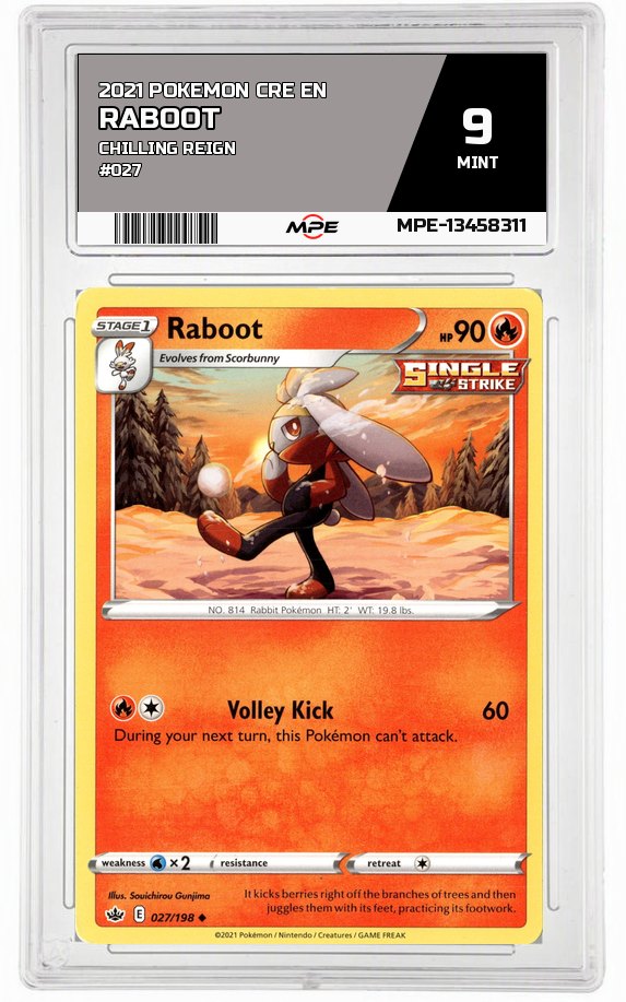 2021 POKEMON CRE EN CHILLING REIGN #027 Raboot MPE 9 MINT — graded card auctioned from the MPE vault