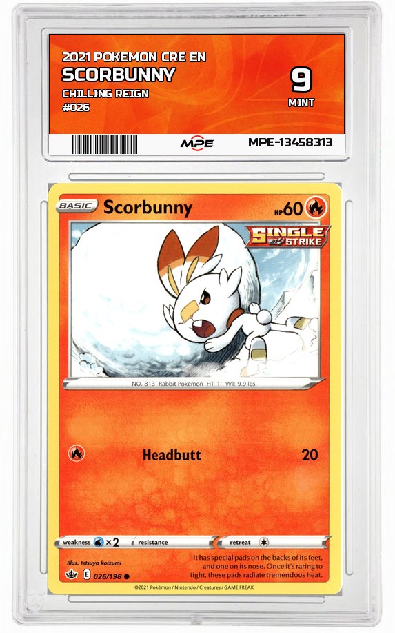 2021 POKEMON CRE EN CHILLING REIGN #026 Scorbunny MPE 9 MINT — graded card auctioned from the MPE vault