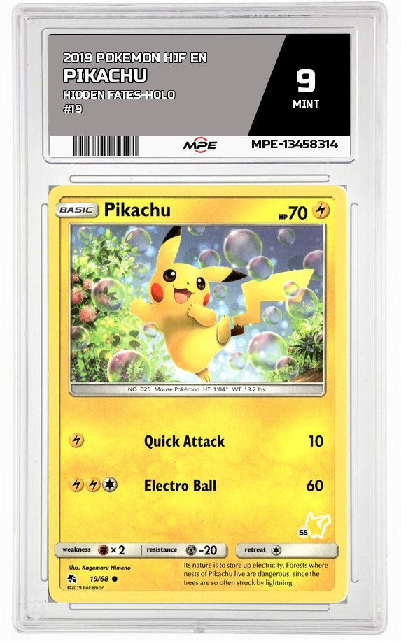 2019 POKEMON HIF EN HIDDEN FATES-HOLO #19 Pikachu MPE 9 MINT — graded card auctioned from the MPE vault