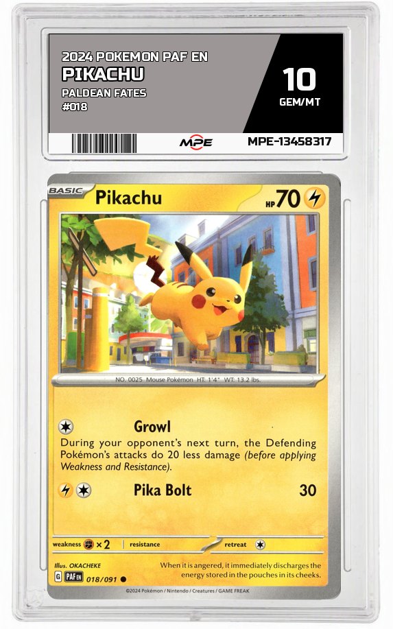 2024 POKEMON PAF EN PALDEAN FATES #018 Pikachu MPE 10 GEM/MT — graded card auctioned from the MPE vault