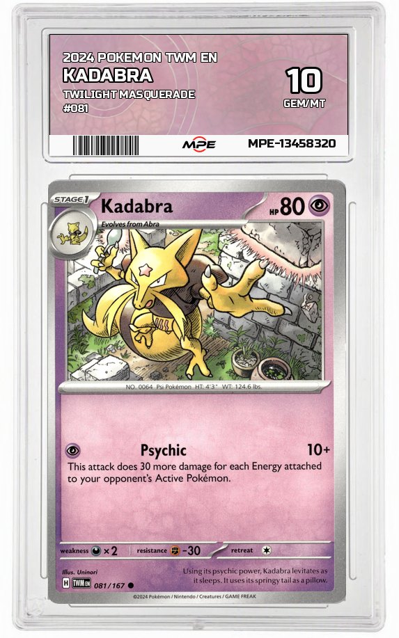 2024 POKEMON TWM EN TWILIGHT MASQUERADE #081 Kadabra MPE 10 GEM/MT — graded card auctioned from the MPE vault