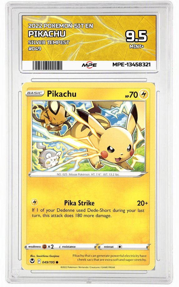 2022 POKEMON SIT EN SILVER TEMPEST #049 Pikachu MPE 9.5 MINT+ — graded card auctioned from the MPE vault