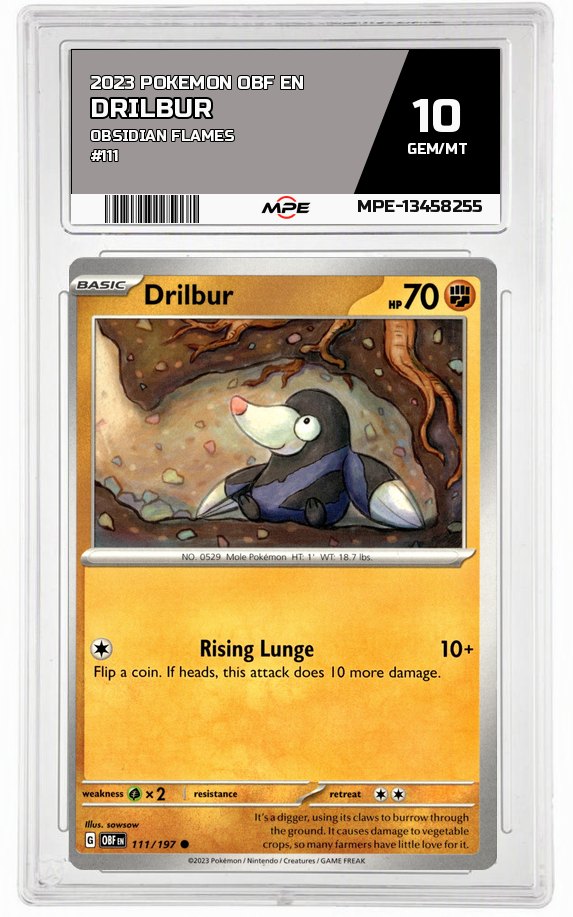 2023 POKEMON OBF EN OBSIDIAN FLAMES #111 Drilbur MPE 10 GEM/MT — graded card auctioned from the MPE vault