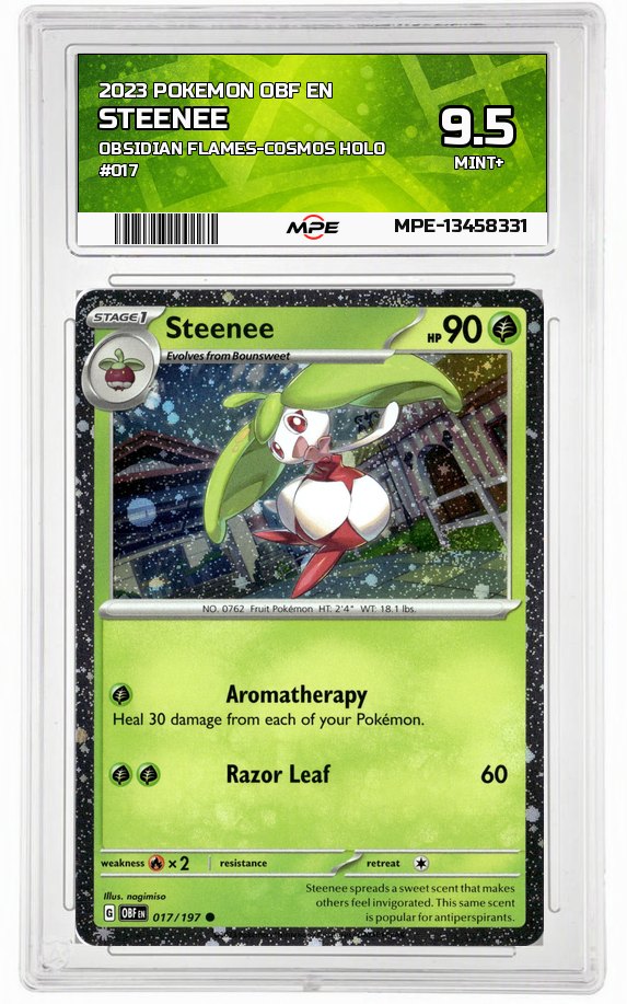 2023 POKEMON OBF EN OBSIDIAN FLAMES-Cosmos Holo #017 Steenee MPE 9.5 MINT+ — graded card auctioned from the MPE vault