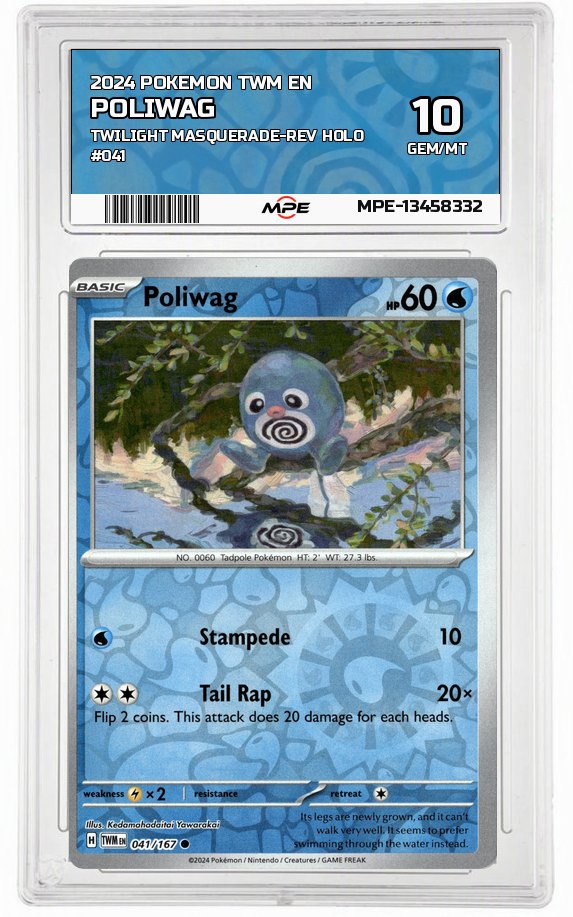2024 POKEMON TWM EN TWILIGHT MASQUERADE-REV HOLO #041 POLIWAG MPE 10 GEM/MT — graded card auctioned from the MPE vault