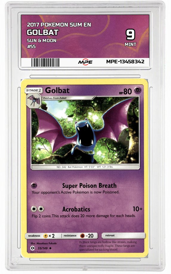 2017 POKEMON SUM EN SUN & MOON #55 Golbat MPE 9 MINT — graded card auctioned from the MPE vault