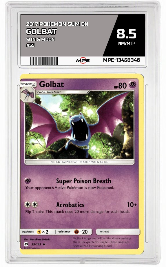 2017 POKEMON SUM EN SUN & MOON #55 Golbat MPE 8.5 NM/MT+ — graded card auctioned from the MPE vault