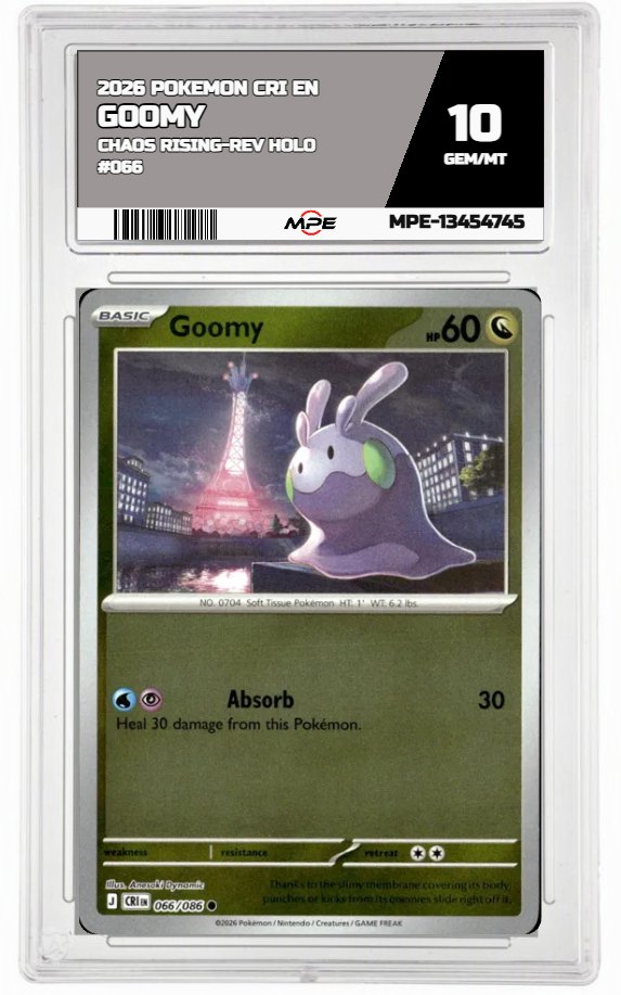 2026 POKEMON CRI EN Chaos Rising-REV HOLO #066 GOOMY MPE 10 GEM/MT — graded card auctioned from the MPE vault