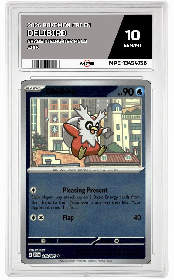 2026 POKEMON CRI EN Chaos Rising-REV HOLO #018 DELIBIRD MPE 10 GEM/MT — graded card auctioned from the MPE vault