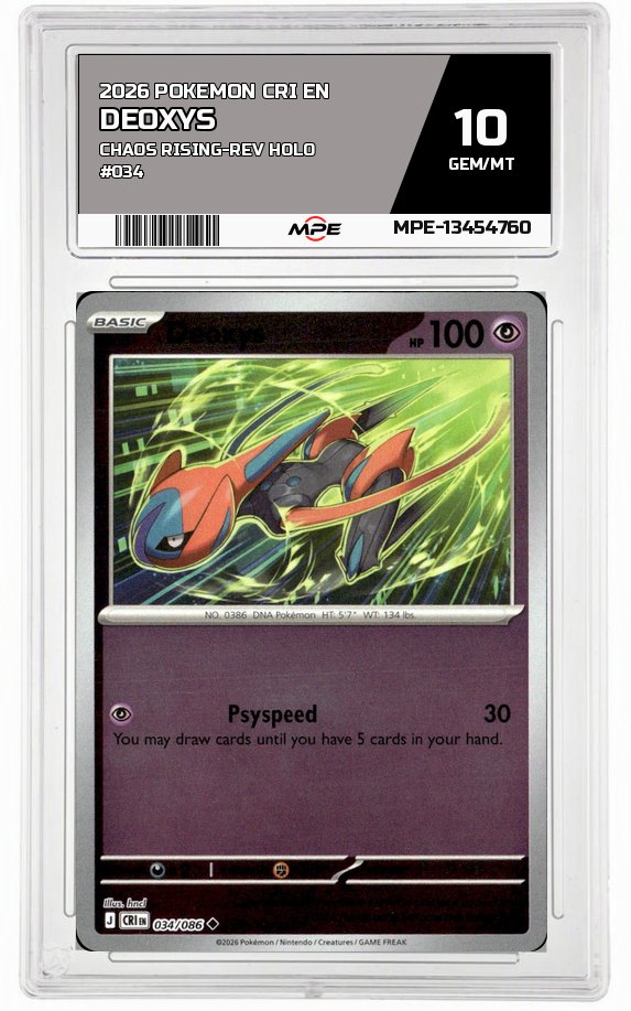 2026 POKEMON CRI EN Chaos Rising-REV HOLO #034 DEOXYS MPE 10 GEM/MT — graded card auctioned from the MPE vault
