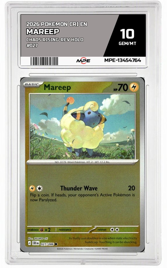 2026 POKEMON CRI EN Chaos Rising-REV HOLO #027 MAREEP MPE 10 GEM/MT — graded card auctioned from the MPE vault