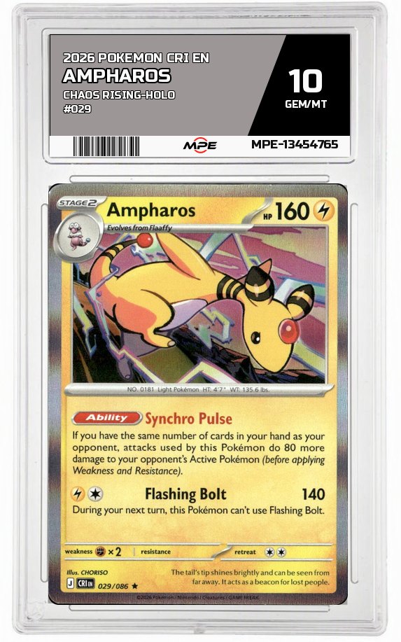 2026 POKEMON CRI EN Chaos Rising-HOLO #029 AMPHAROS MPE 10 GEM/MT — graded card auctioned from the MPE vault