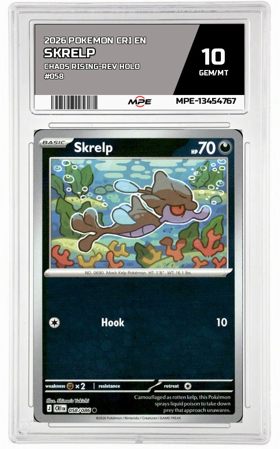 2026 POKEMON CRI EN Chaos Rising-REV HOLO #058 SKRELP MPE 10 GEM/MT — graded card auctioned from the MPE vault