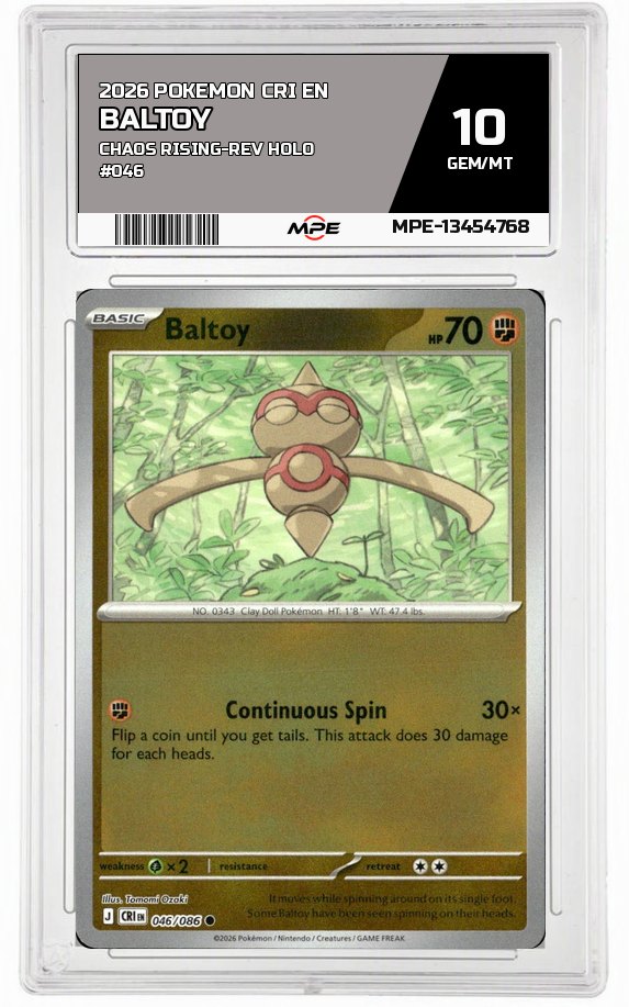 2026 POKEMON CRI EN Chaos Rising-REV HOLO #046 BALTOY MPE 10 GEM/MT — graded card auctioned from the MPE vault