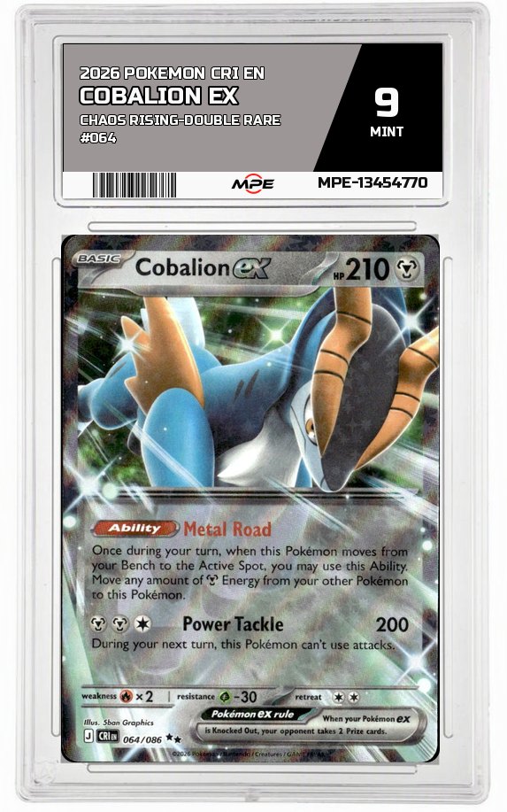 2026 POKEMON CRI EN Chaos Rising-DOUBLE RARE #064 COBALION EX MPE 9 MINT — graded card auctioned from the MPE vault