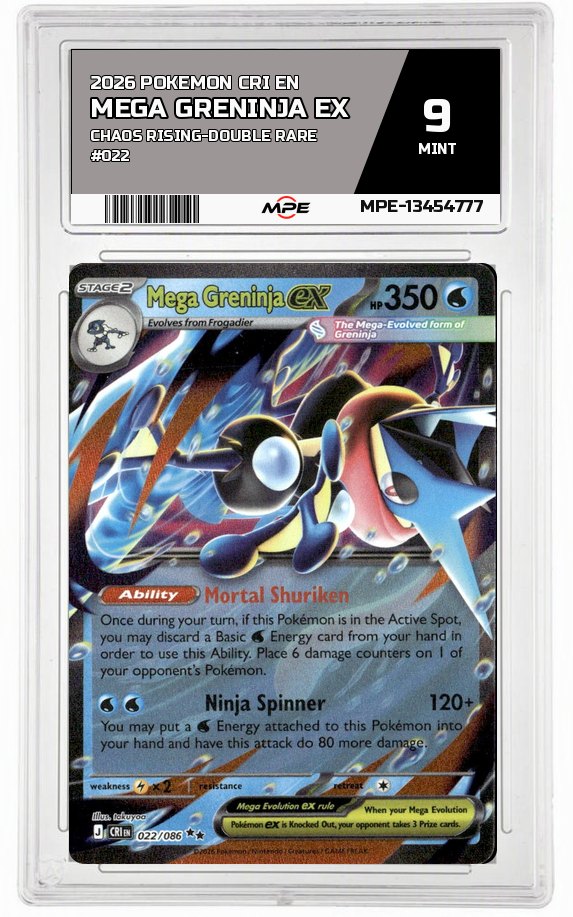 2026 POKEMON CRI EN Chaos Rising-Double Rare #022 MEGA GRENINJA EX MPE 9 MINT — graded card auctioned from the MPE vault