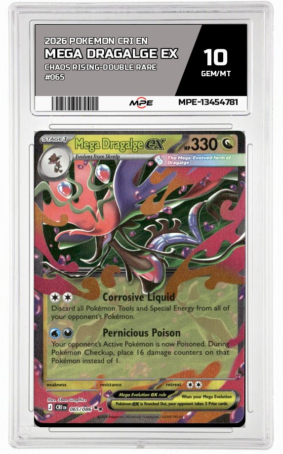2026 POKEMON CRI EN Chaos Rising-Double Rare #065 Mega Dragalge EX MPE 10 GEM/MT — graded card auctioned from the MPE vault