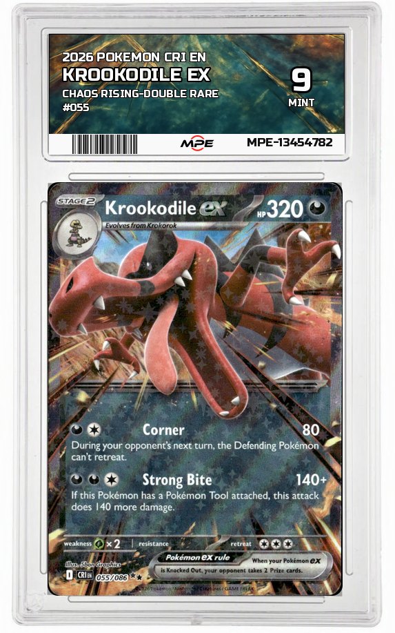2026 POKEMON CRI EN Chaos Rising-Double rare #055 KROOKODILE EX MPE 9 MINT — graded card auctioned from the MPE vault