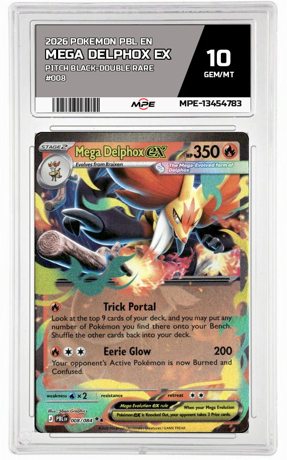 2026 POKEMON PBL EN Pitch Black-Double Rare #008 MEGA DELPHOX EX MPE 10 GEM/MT — graded card auctioned from the MPE vault