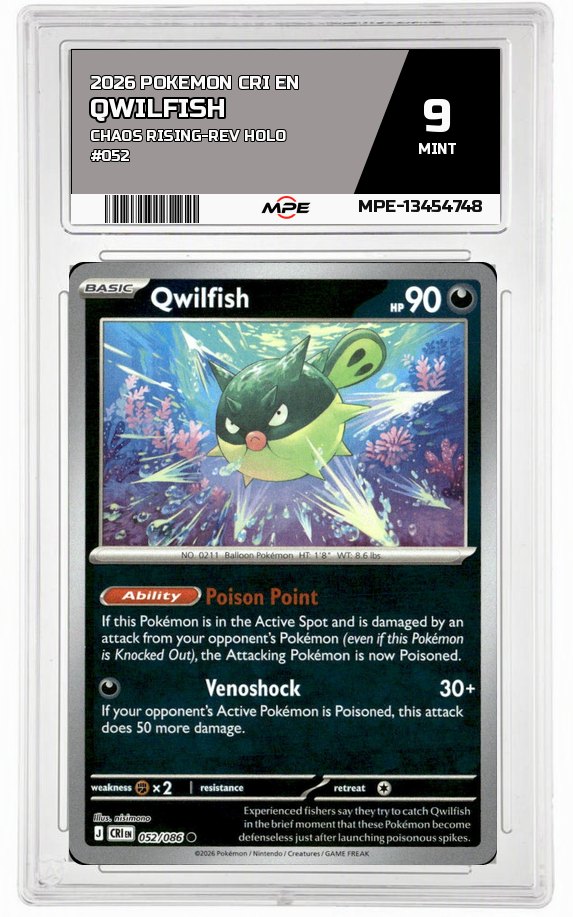 2026 POKEMON CRI EN Chaos Rising-REV HOLO #052 QWILFISH MPE 9 MINT — graded card auctioned from the MPE vault