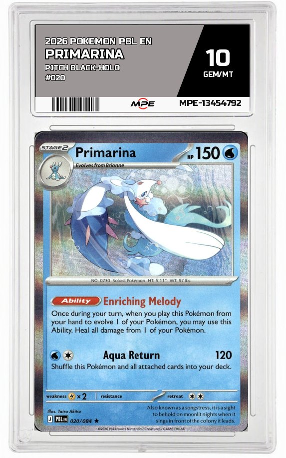 2026 POKEMON PBL EN Pitch Black-HOLO #020 PRIMARINA MPE 10 GEM/MT — graded card auctioned from the MPE vault
