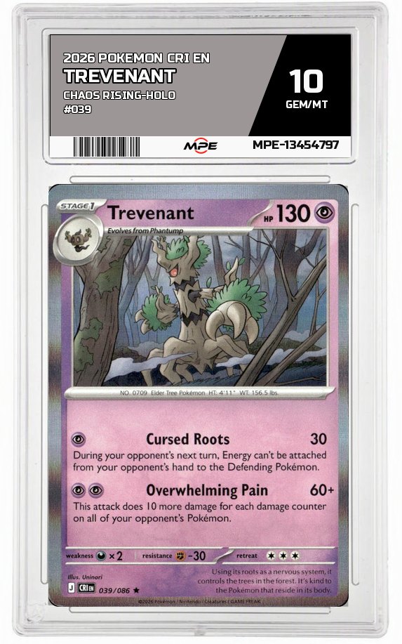 2026 POKEMON CRI EN Chaos Rising-HOLO #039 TREVENANT MPE 10 GEM/MT — graded card auctioned from the MPE vault