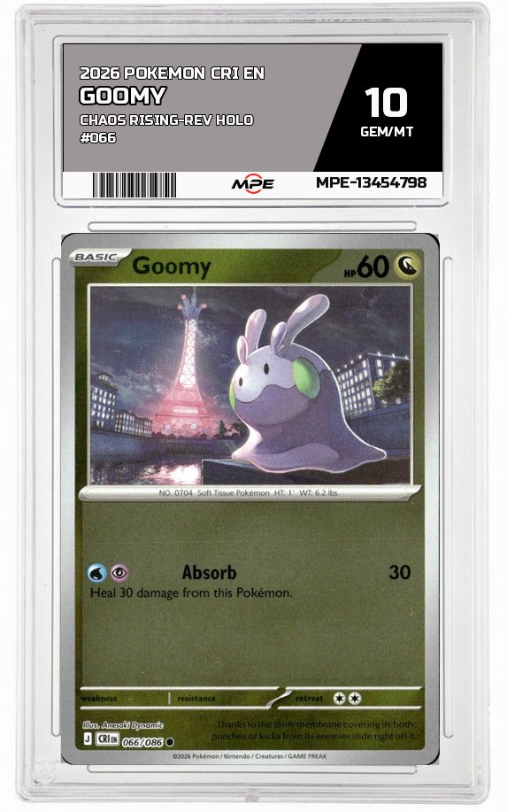 2026 POKEMON CRI EN Chaos Rising-REV HOLO #066 GOOMY MPE 10 GEM/MT — graded card auctioned from the MPE vault