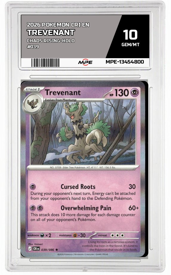 2026 POKEMON CRI EN Chaos Rising-HOLO #039 TREVENANT MPE 10 GEM/MT — graded card auctioned from the MPE vault