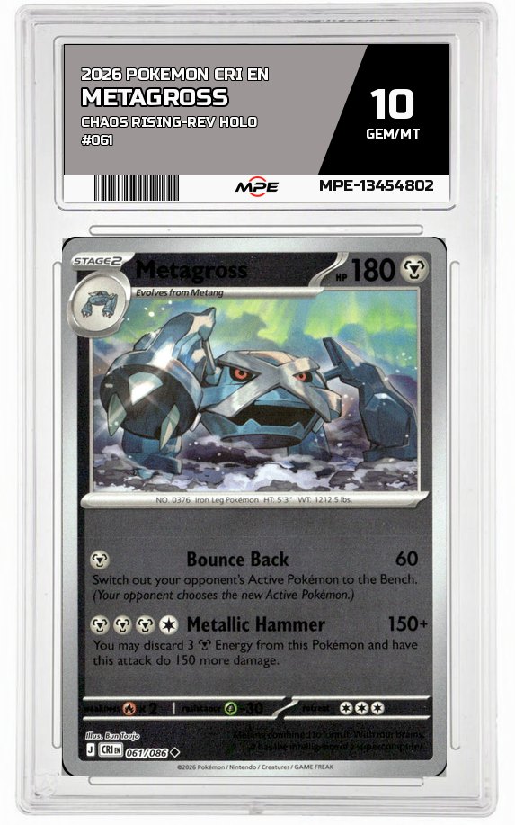 2026 POKEMON CRI EN Chaos Rising-REV HOLO #061 METAGROSS MPE 10 GEM/MT — graded card auctioned from the MPE vault