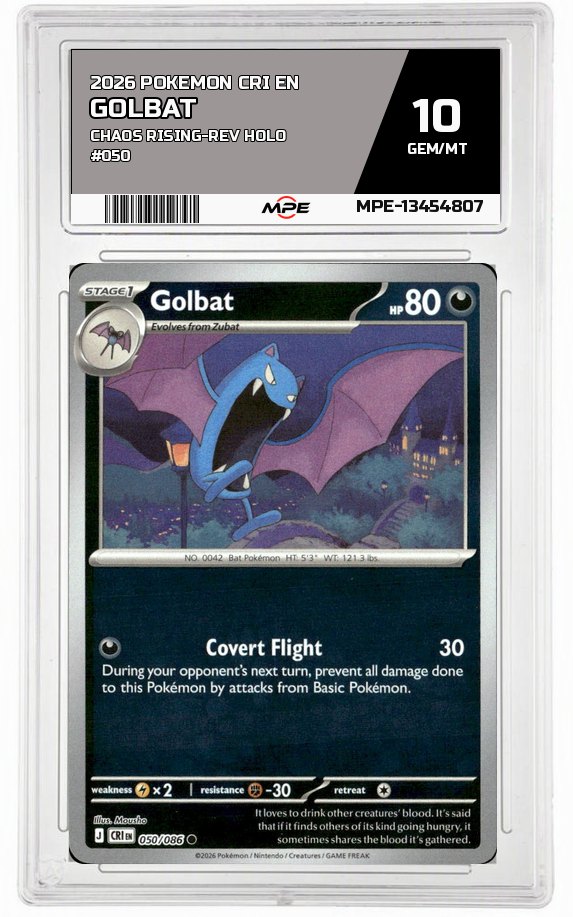 2026 POKEMON CRI EN Chaos Rising-REV HOLO #050 GOLBAT MPE 10 GEM/MT — graded card auctioned from the MPE vault