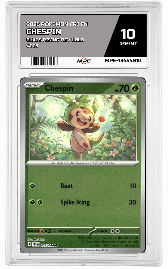2026 POKEMON CRI EN Chaos Rising-REV HOLO #005 CHESPIN MPE 10 GEM/MT — graded card auctioned from the MPE vault
