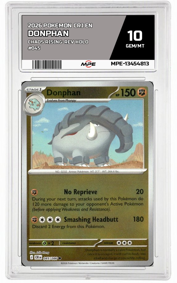 2026 POKEMON CRI EN Chaos Rising-REV HOLO #045 DONPHAN MPE 10 GEM/MT — graded card auctioned from the MPE vault
