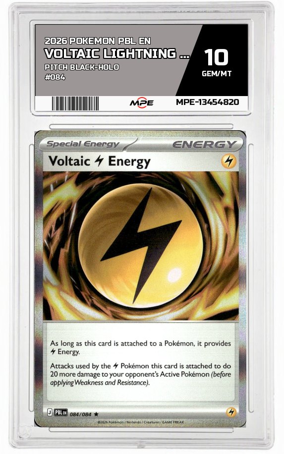 2026 POKEMON PBL EN Pitch Black-HOLO #084 VOLTAIC LIGHTNING ENERGY MPE 10 GEM/MT — graded card auctioned from the MPE vault
