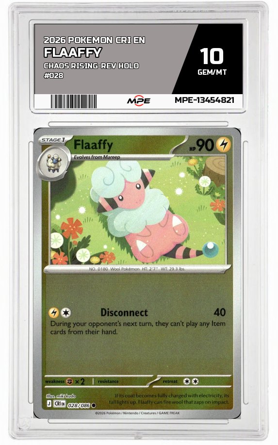 2026 POKEMON CRI EN Chaos Rising-REV HOLO #028 FLAAFFY MPE 10 GEM/MT — graded card auctioned from the MPE vault