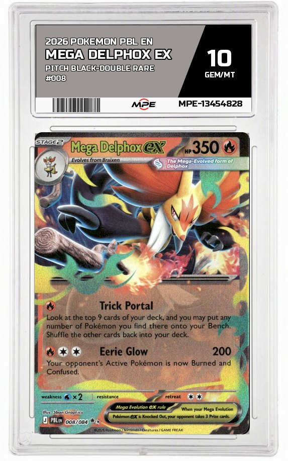 2026 POKEMON PBL EN Pitch Black-Double Rare #008 MEGA DELPHOX EX MPE 10 GEM/MT — graded card auctioned from the MPE vault