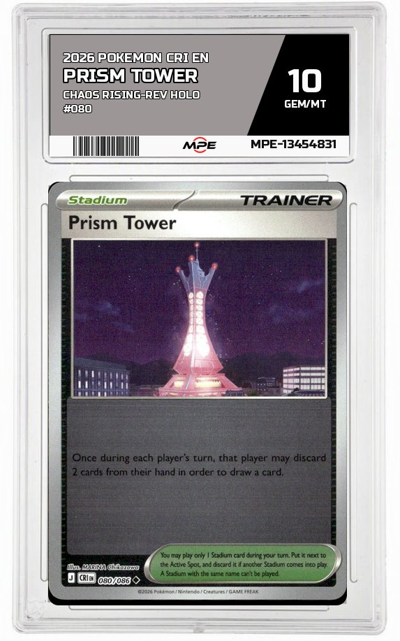 2026 POKEMON CRI EN Chaos Rising-REV HOLO #080 PRISM TOWER MPE 10 GEM/MT — graded card auctioned from the MPE vault