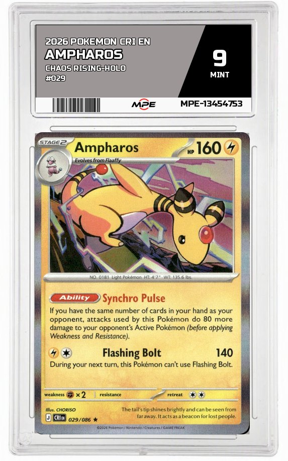 2026 POKEMON CRI EN Chaos Rising-HOLO #029 AMPHAROS MPE 9 MINT — graded card auctioned from the MPE vault