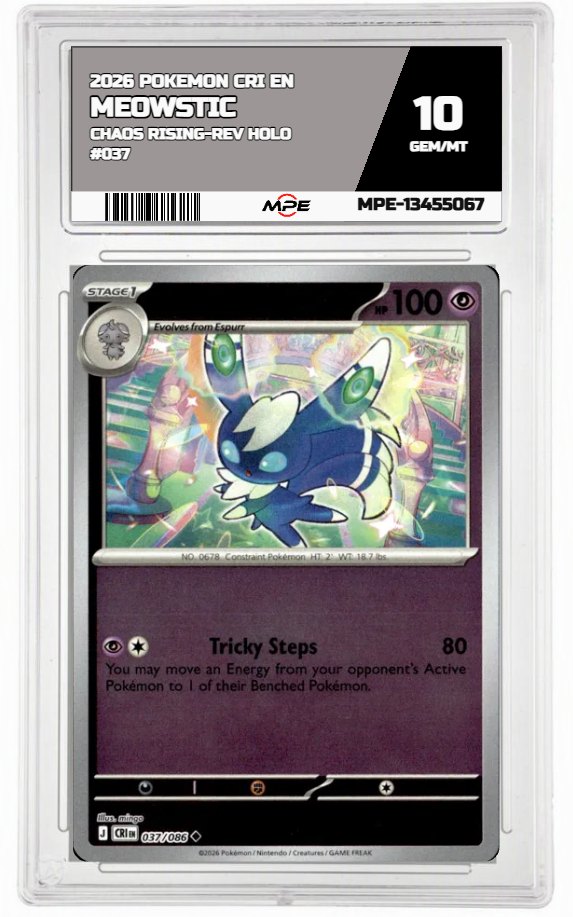 2026 POKEMON CRI EN Chaos Rising-REV HOLO #037 MEOWSTIC MPE 10 GEM/MT — graded card auctioned from the MPE vault