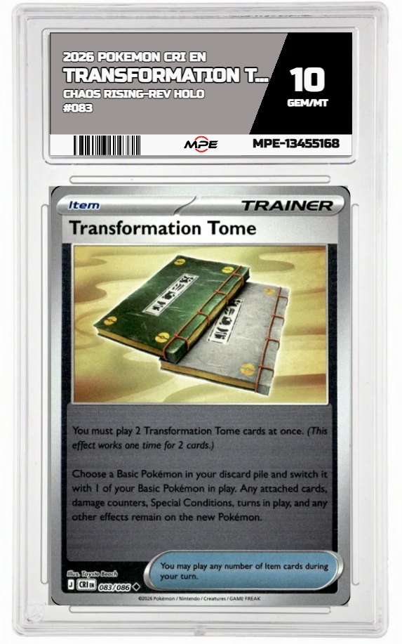 2026 POKEMON CRI EN Chaos Rising-REV HOLO #083 TRANSFORMATION TOME MPE 10 GEM/MT — graded card auctioned from the MPE vault