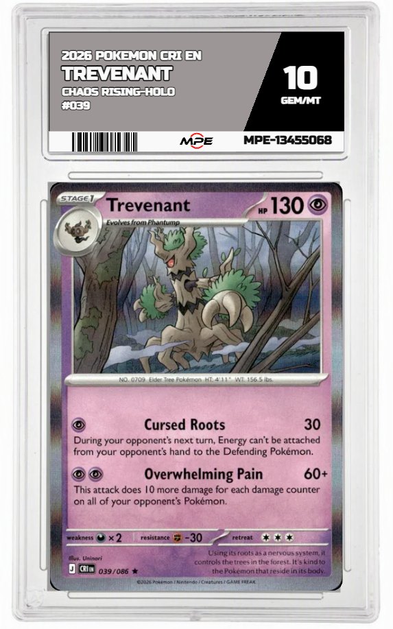 2026 POKEMON CRI EN Chaos Rising-HOLO #039 TREVENANT MPE 10 GEM/MT — graded card auctioned from the MPE vault