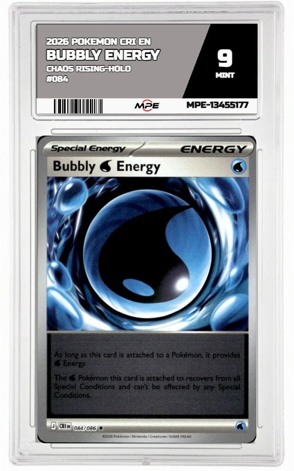 2026 POKEMON CRI EN Chaos Rising-HOLO #084 BUBBLY ENERGY MPE 9 MINT — graded card auctioned from the MPE vault