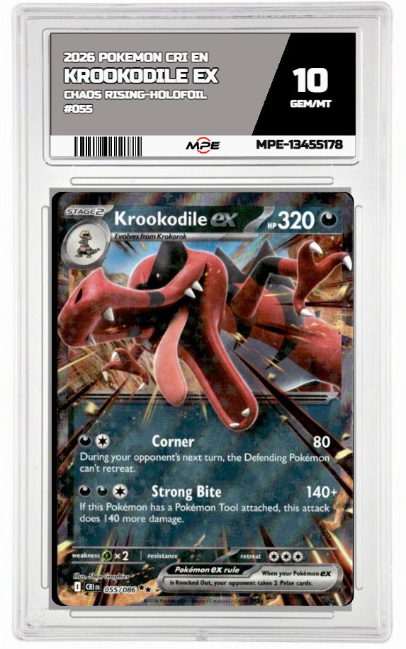2026 POKEMON CRI EN Chaos Rising-HOLOFOIL #055 KROOKODILE EX MPE 10 GEM/MT — graded card auctioned from the MPE vault