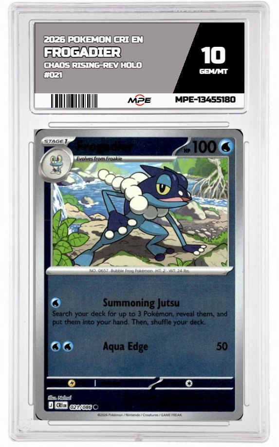 2026 POKEMON CRI EN Chaos Rising-REV HOLO #021 FROGADIER MPE 10 GEM/MT — graded card auctioned from the MPE vault